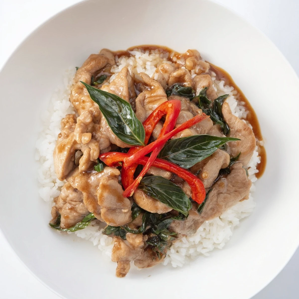 Close-up of a vibrant Thai Basil Chicken Bowls dish, ready to eat with fragrant holy basil.