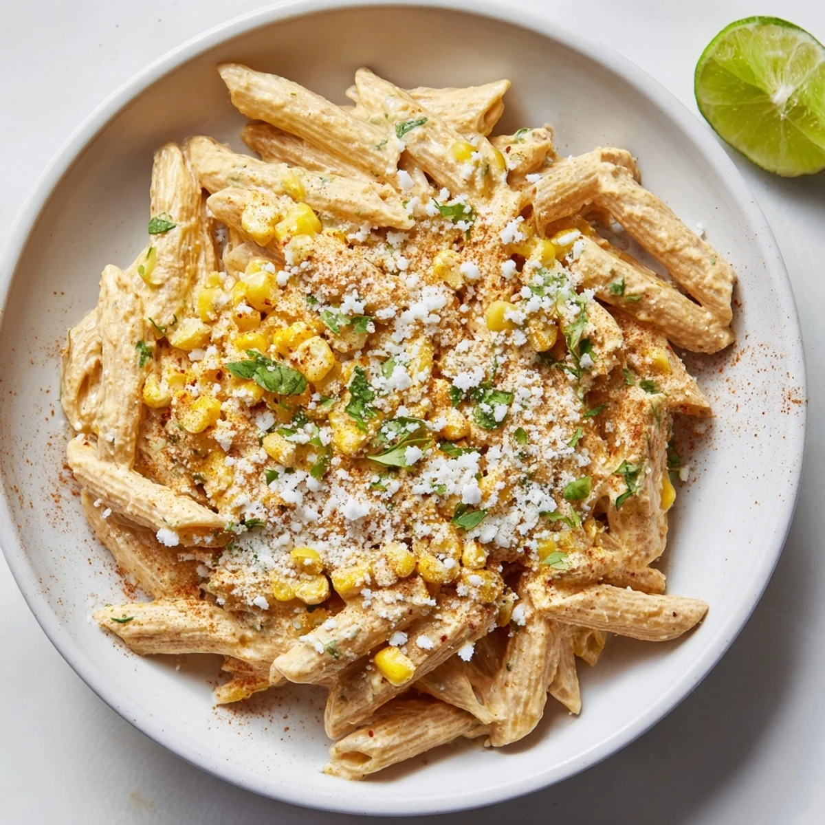 Creamy Mexican Street Corn Pasta, with vibrant corn and crumbled cotija, ready to serve!