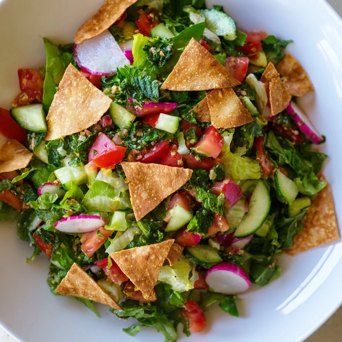 A colorful Lebanese Fattoush Salad with bright vegetables and crunchy pita chips, ready to enjoy.