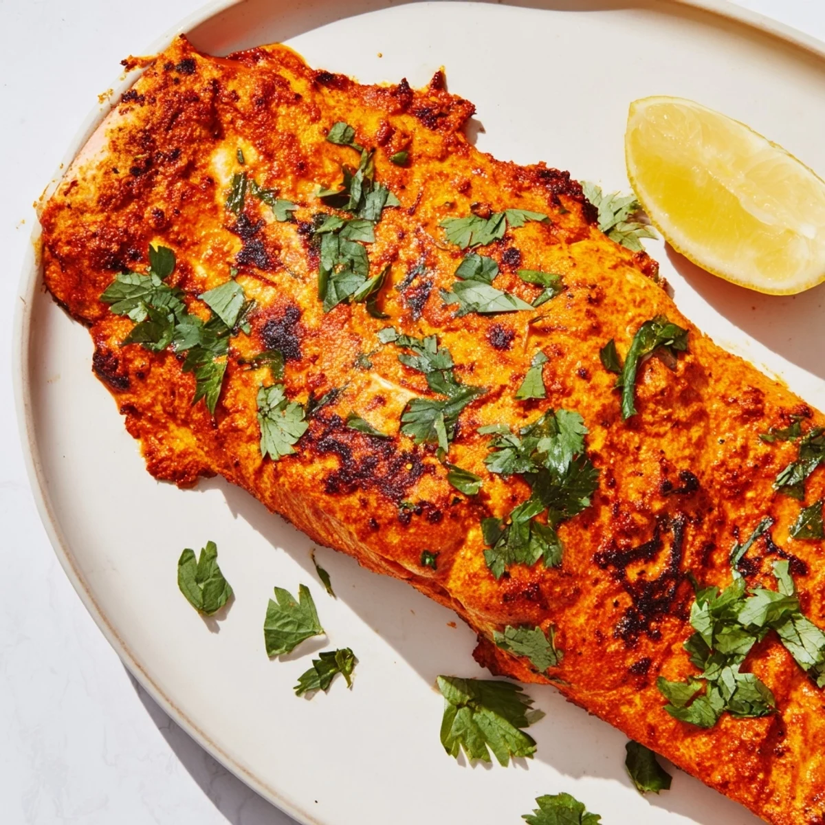 Close-up of vibrant Indian Tikka Salmon, showing flaky texture and beautiful, rich red marinade.