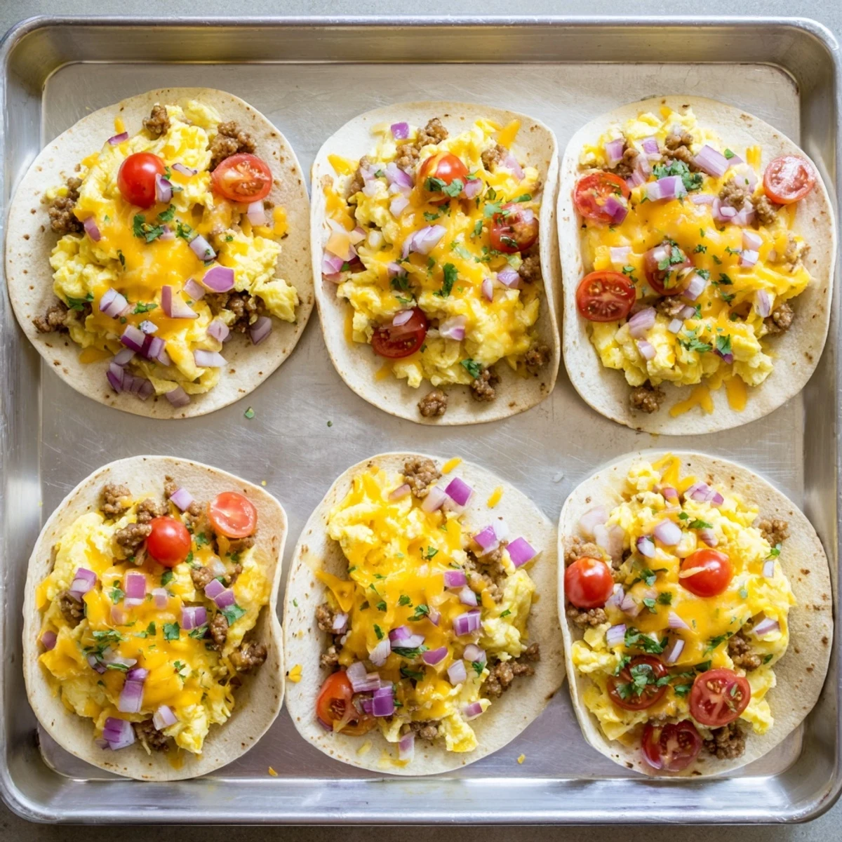 Golden-brown Sheet Pan Breakfast Tacos sit on a baking sheet, filled with fluffy eggs, melted cheese, and fresh avocado.  