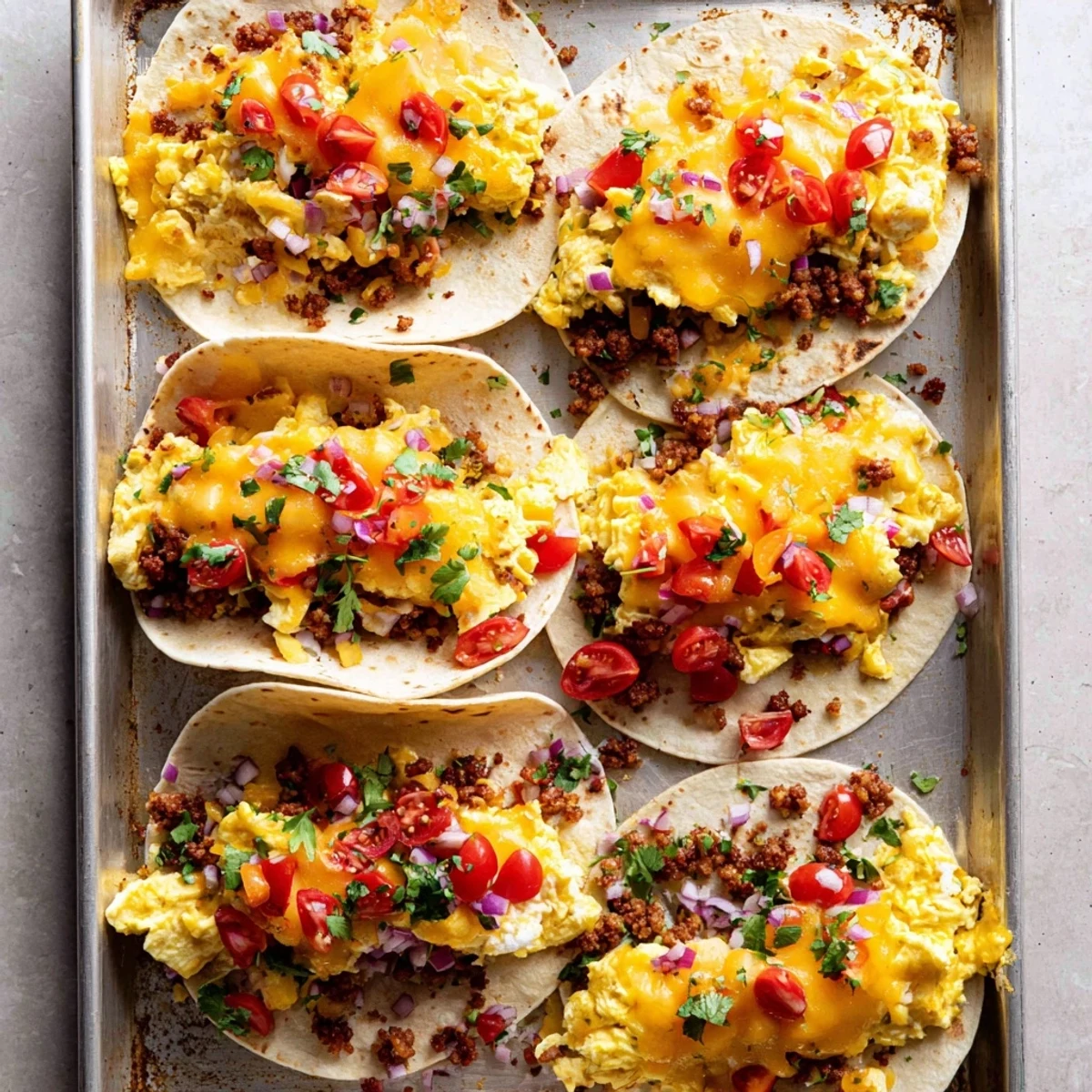 A close-up of Sheet Pan Breakfast Tacos with bubbly cheddar, diced tomatoes, and a side of zesty salsa.  