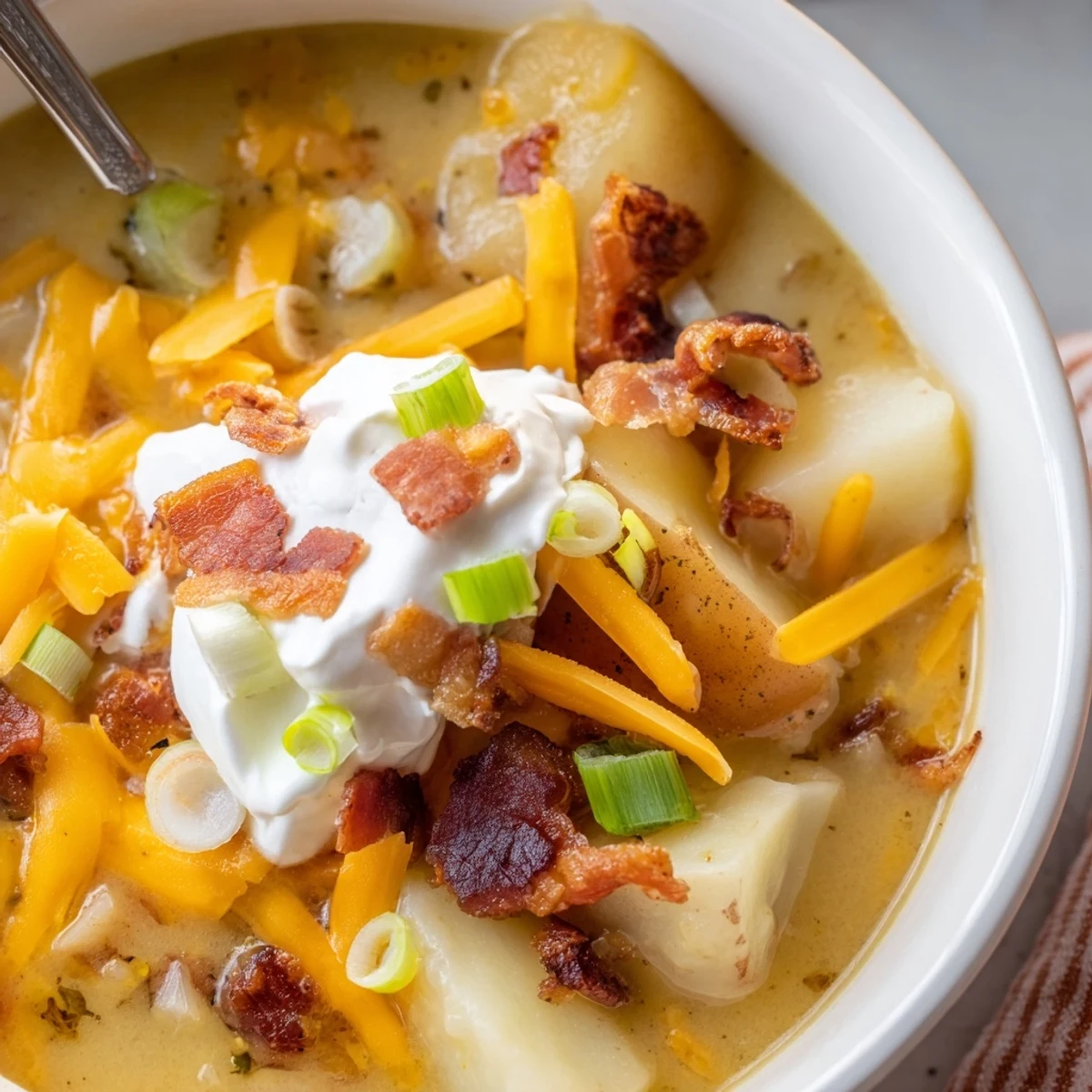 Creamy loaded baked potato soup with tender potato chunks, crispy bacon crumbles, melted cheddar, and a dollop of sour cream garnished with fresh green onions.