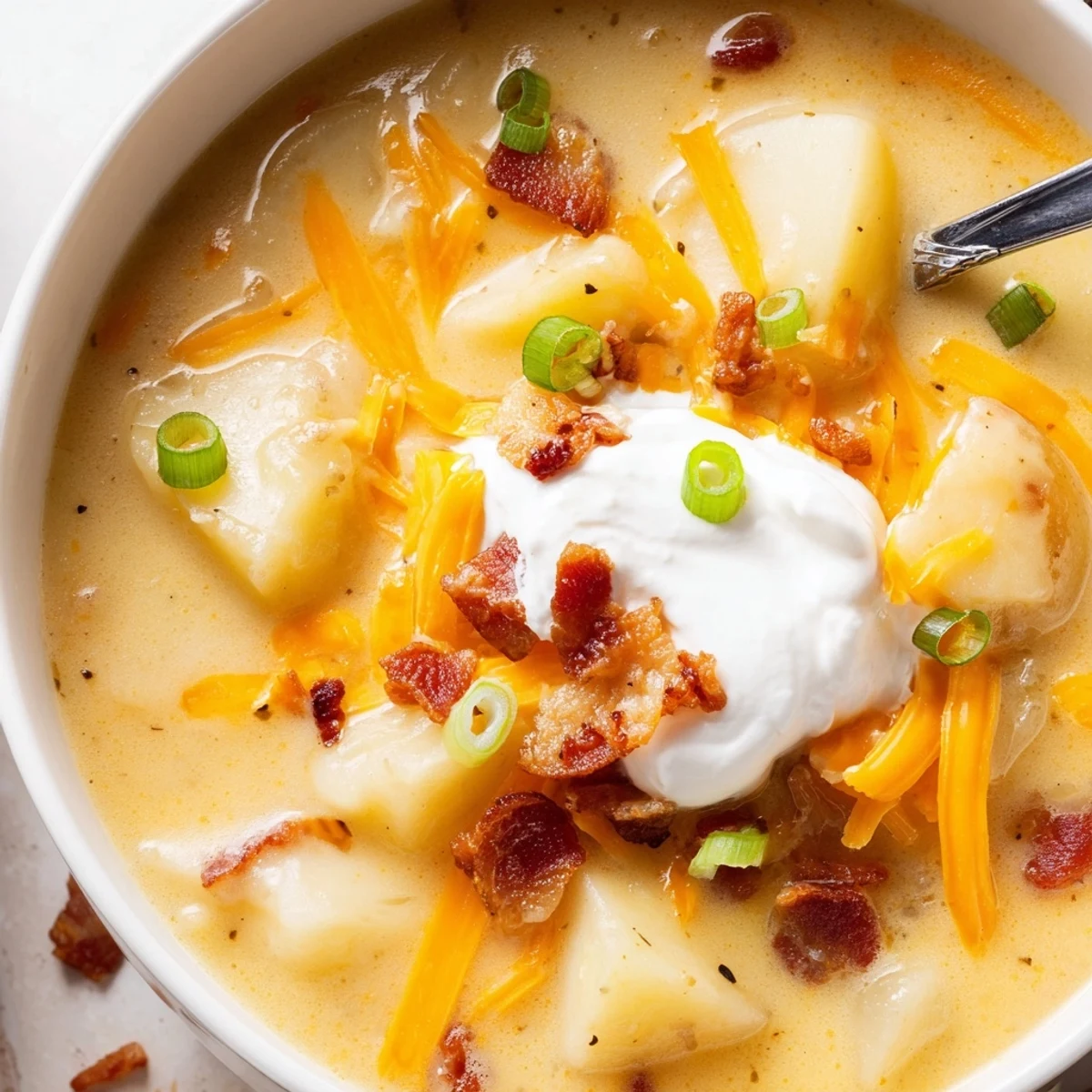 A comforting bowl of loaded baked potato soup steaming gently, featuring sharp cheddar, smoky bacon, and rich creamy broth for a hearty winter meal.