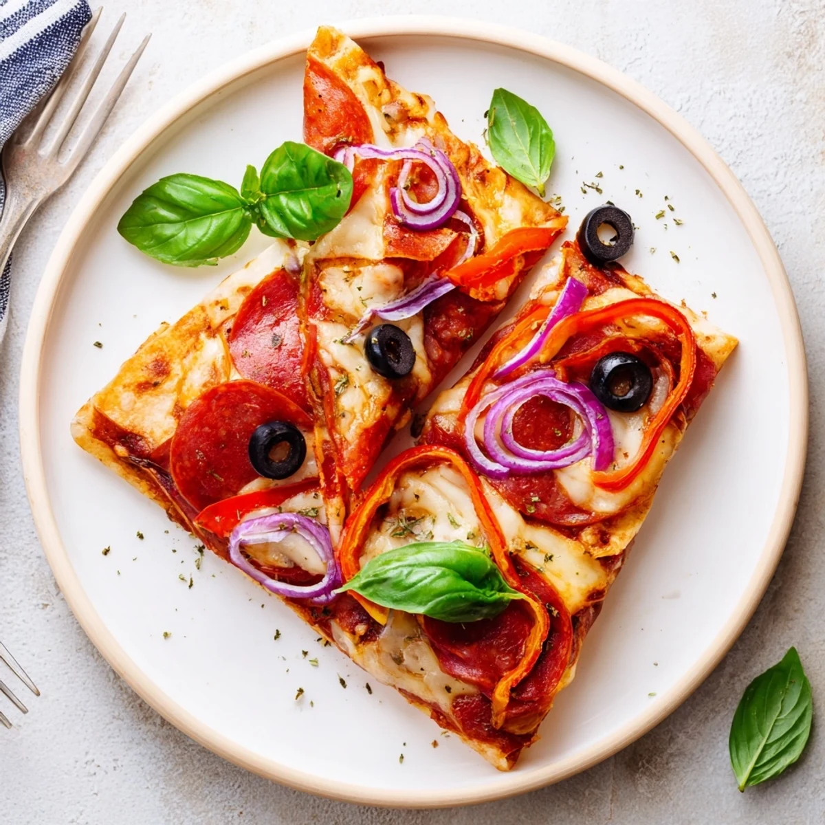 A plate with sliced Tortilla Pizza Wrap pieces, showing the layered texture of pepperoni, olives, and red onion inside a crispy shell.