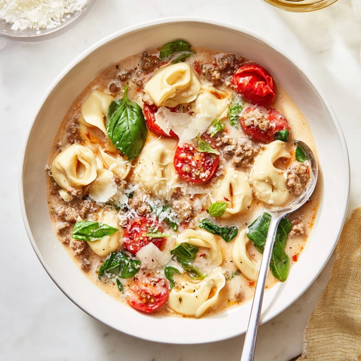 Hearty Tortellini Beef Soup with creamy broth, cherry tomatoes, and spinach.  