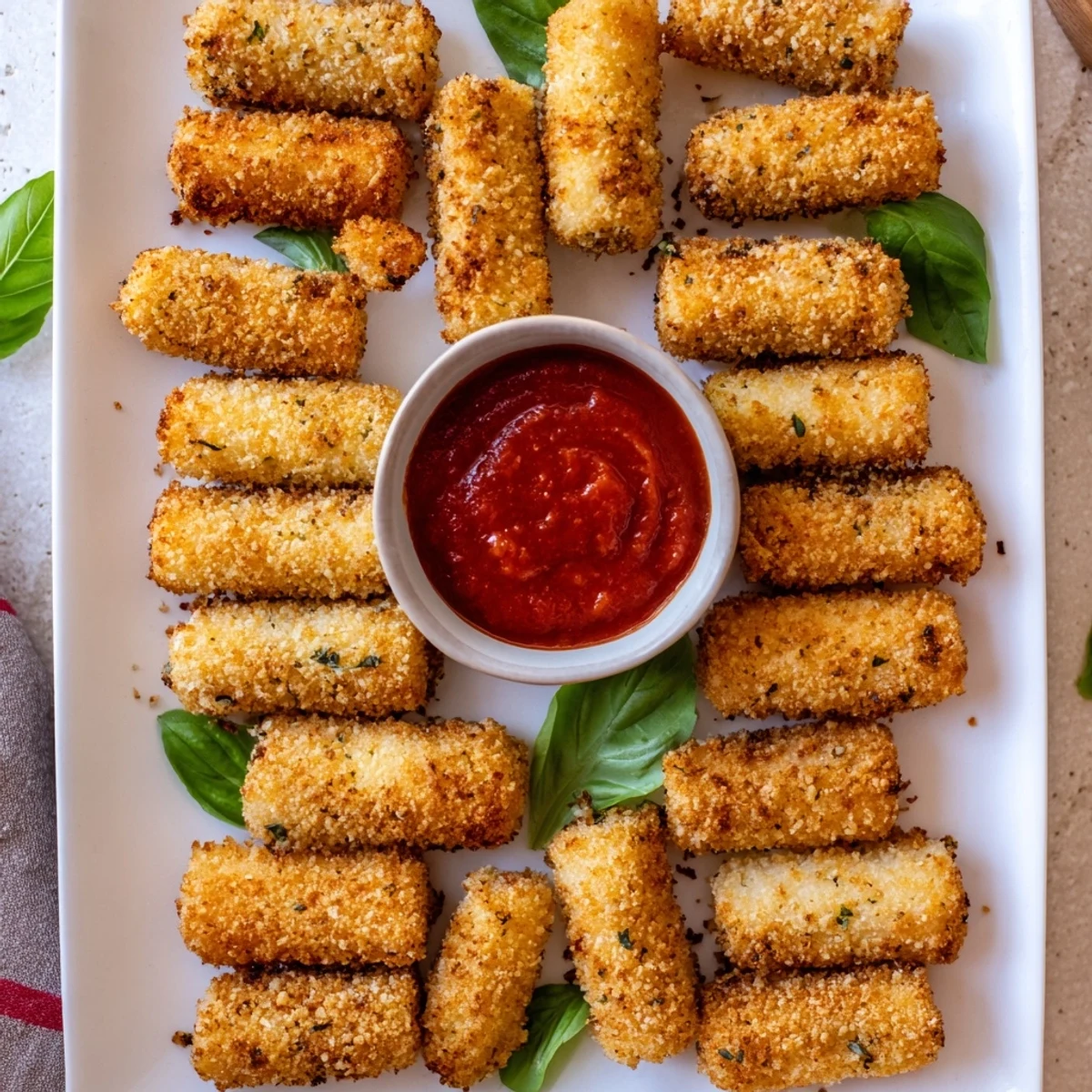 Golden-brown Air Fryer Mozzarella Sticks fresh from the basket, paired with warm marinara sauce and fresh basil leaves.