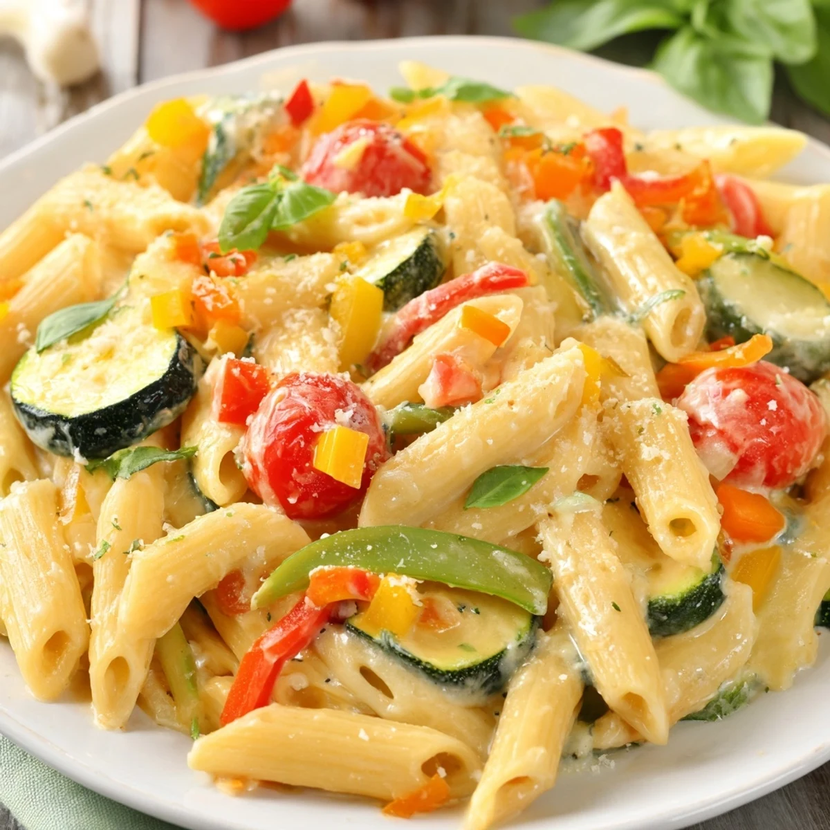 Freshly cooked One-Pot Creamy Pasta Primavera with zucchini, bell peppers, and cherry tomatoes in a creamy parmesan sauce.