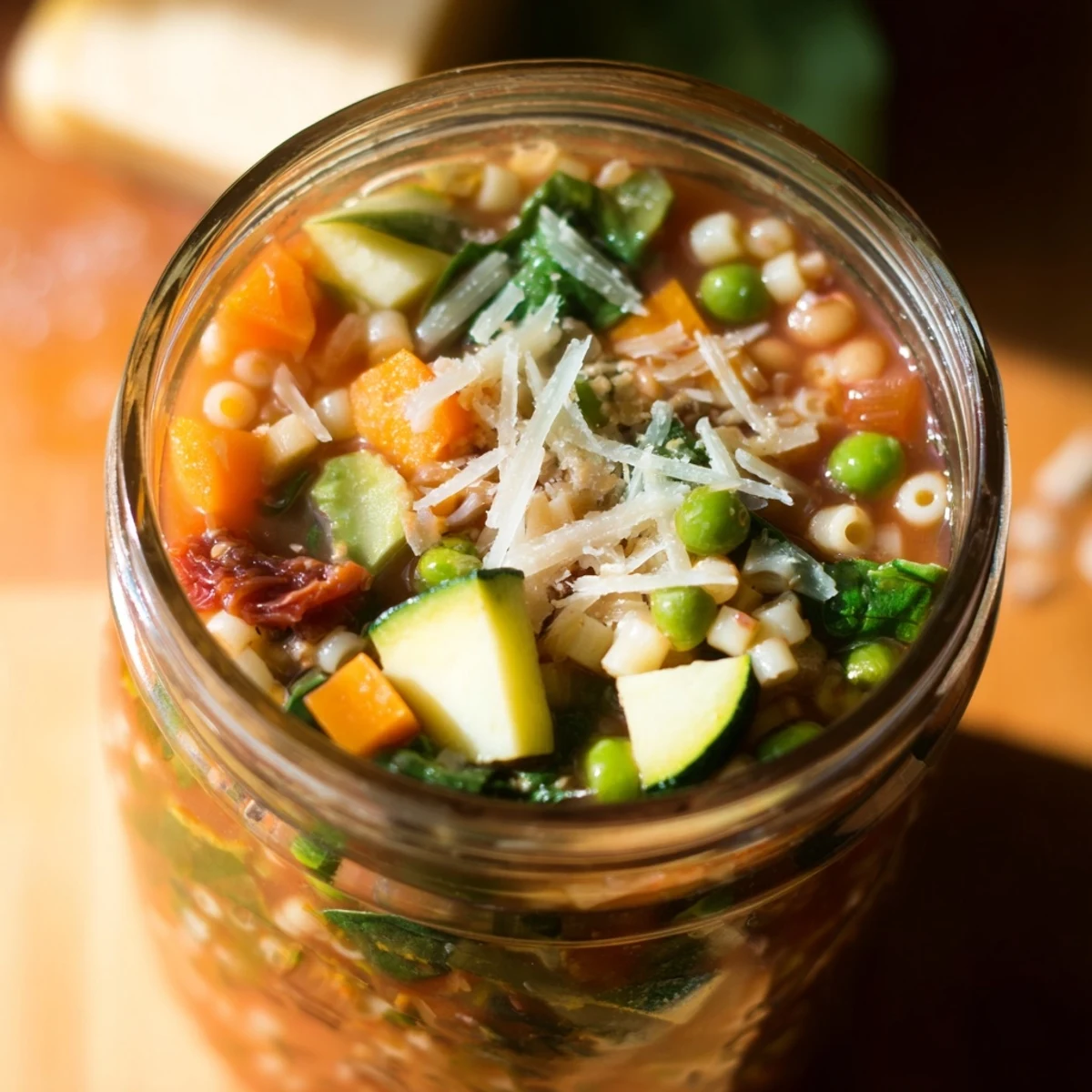 A sealed mason jar of hearty Minestrone Soup, perfect for meal prep, displaying dried pasta and colorful vegetables ready to be transformed.