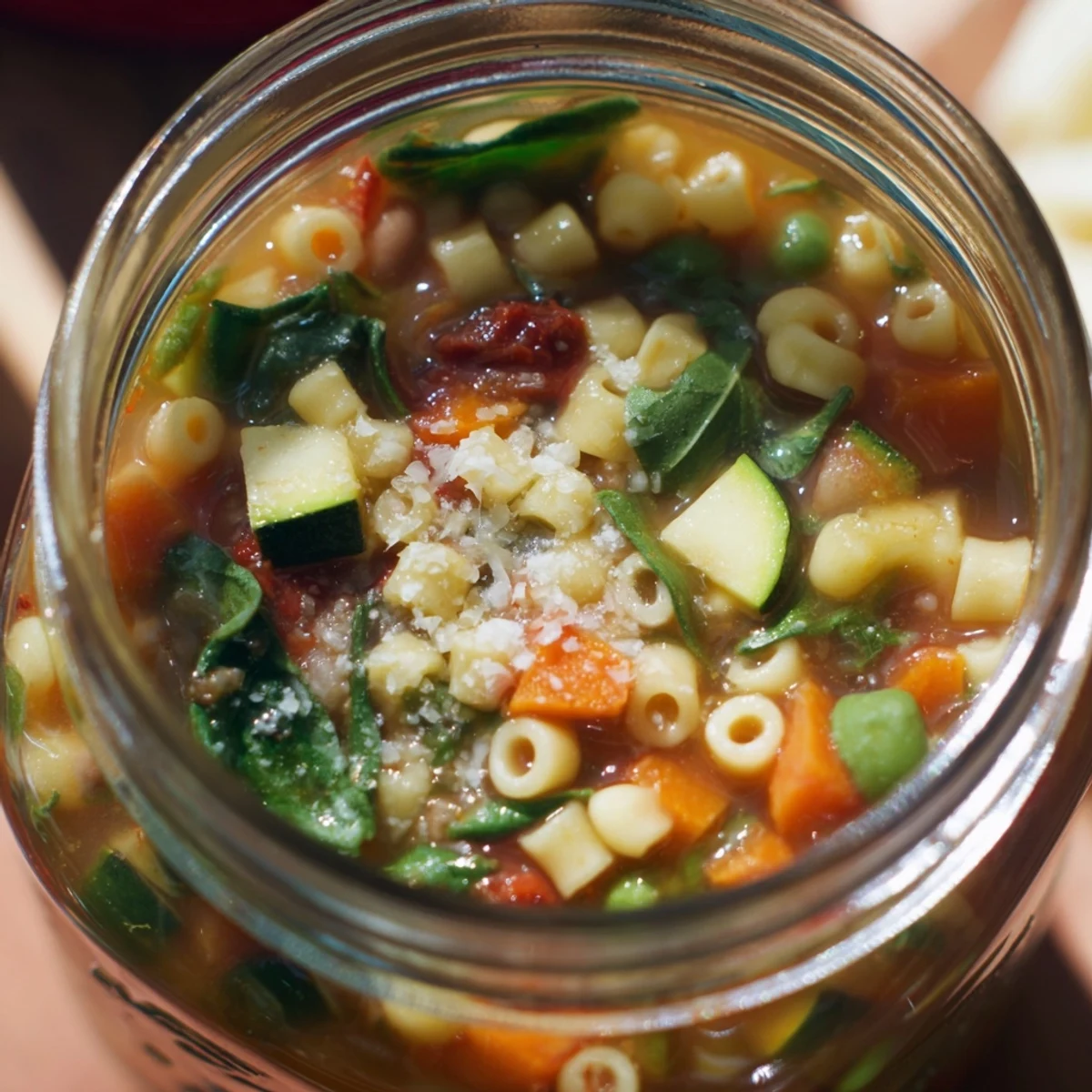 Clear glass jar filled with the colorful base layers of Minestrone Soup, featuring sun-dried tomatoes, spinach, and spices for an easy homemade dinner.