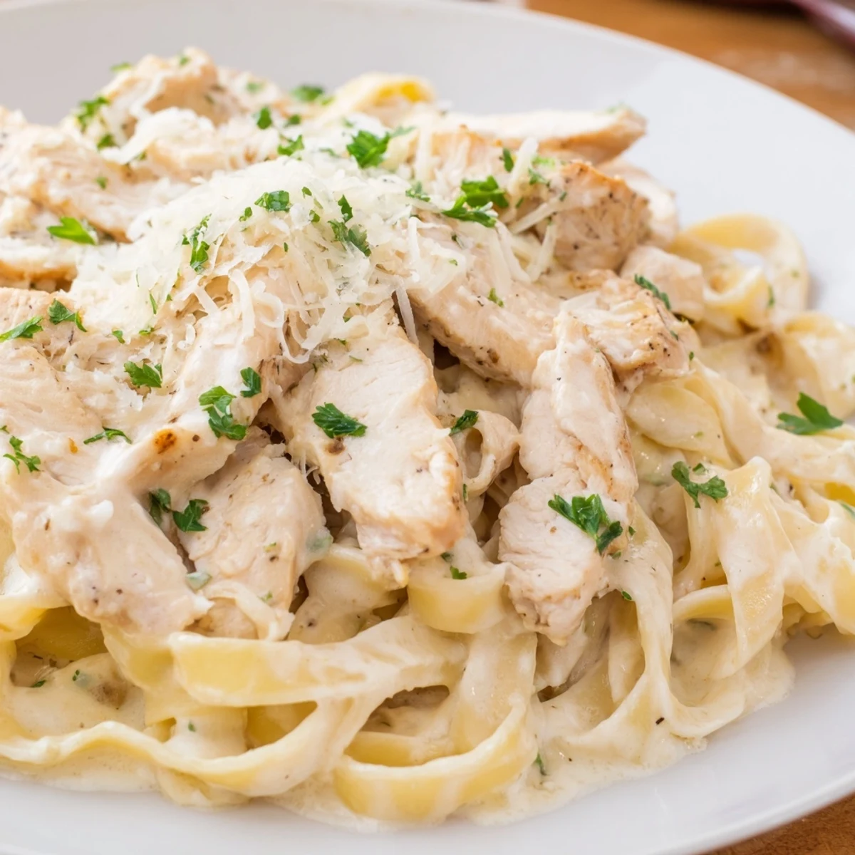 Creamy Skillet Chicken Alfredo features golden-brown chicken strips nestled in fettuccine, topped with fresh parsley and extra Parmesan cheese.  