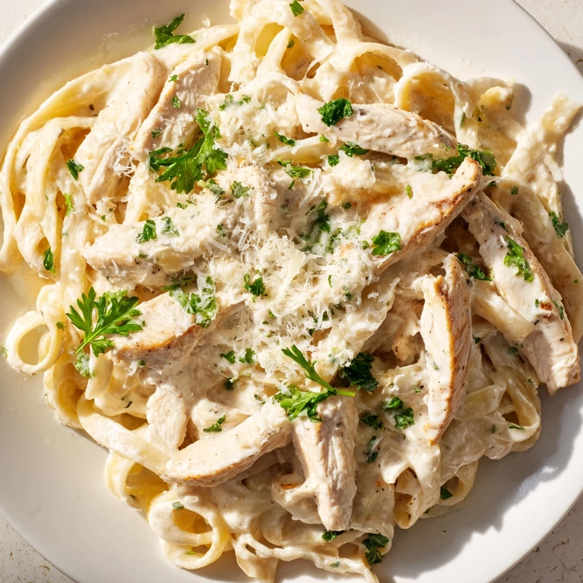 Tender chicken and rich Alfredo sauce coat pasta beautifully, garnished with vibrant green parsley on a rustic wooden table.