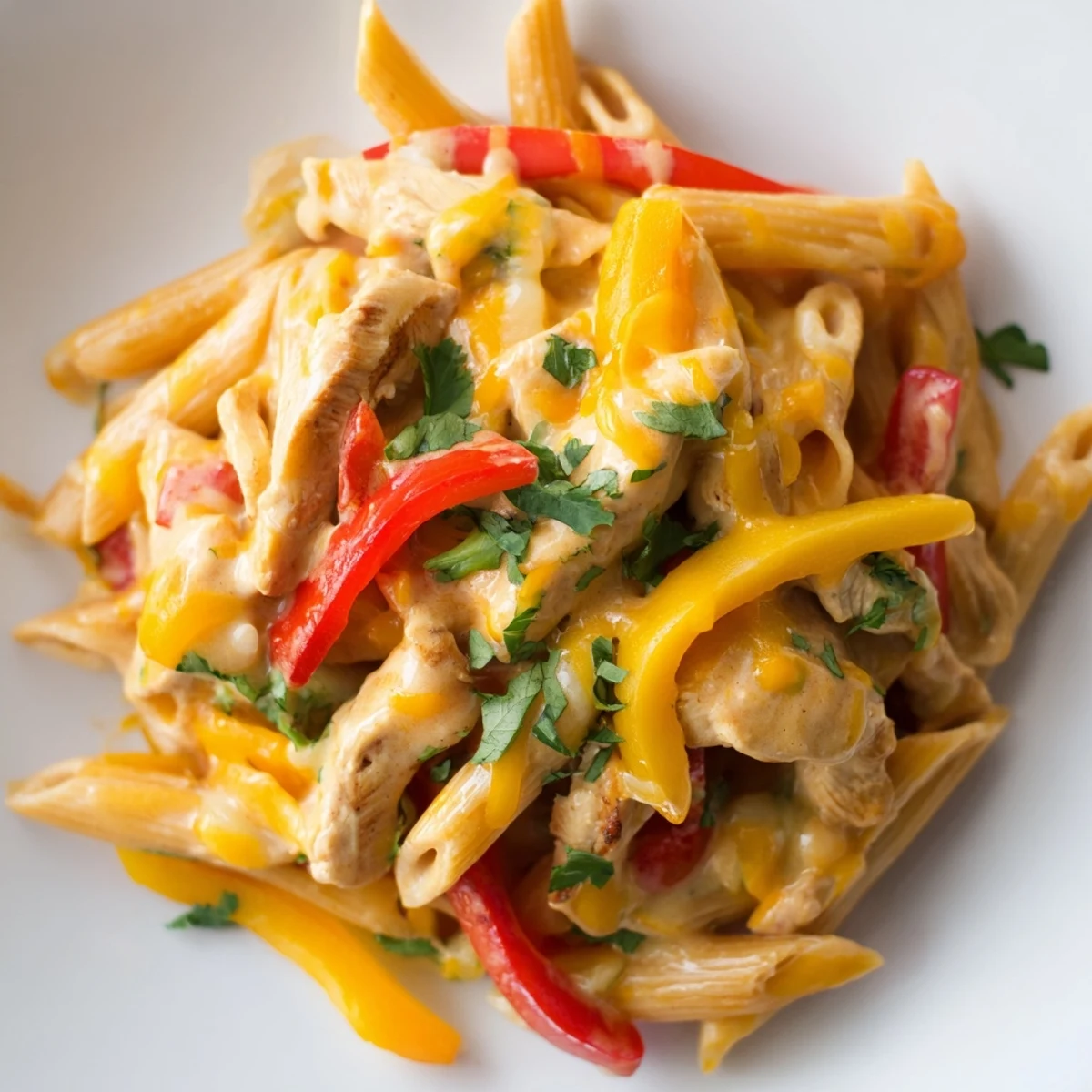 A close-up of a sizzling skillet of Chicken Fajita Pasta, loaded with tender chicken, colorful bell peppers, and onions in a creamy sauce.