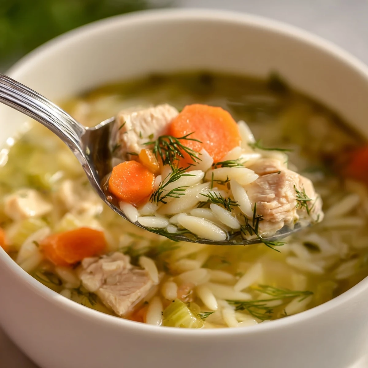 Golden-brown Chicken Lemon Orzo Soup steaming in a rustic bowl, garnished with fresh dill and a lemon wedge.