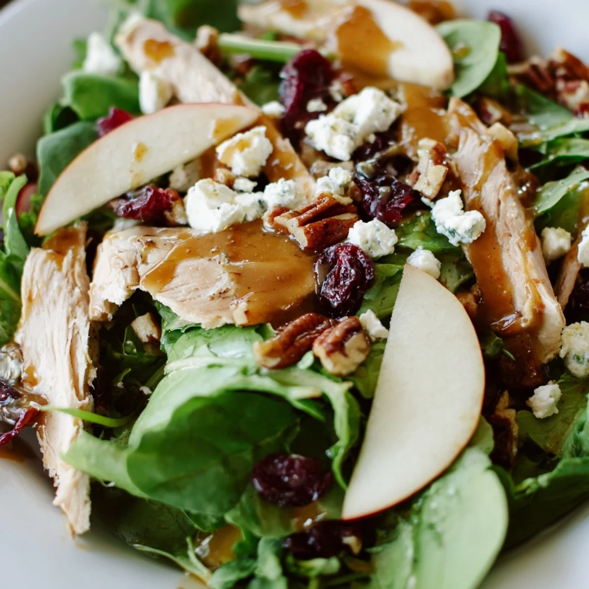 Sliced chicken and crisp apples over mixed greens, topped with a caramel-pecan dressing on a white platter.