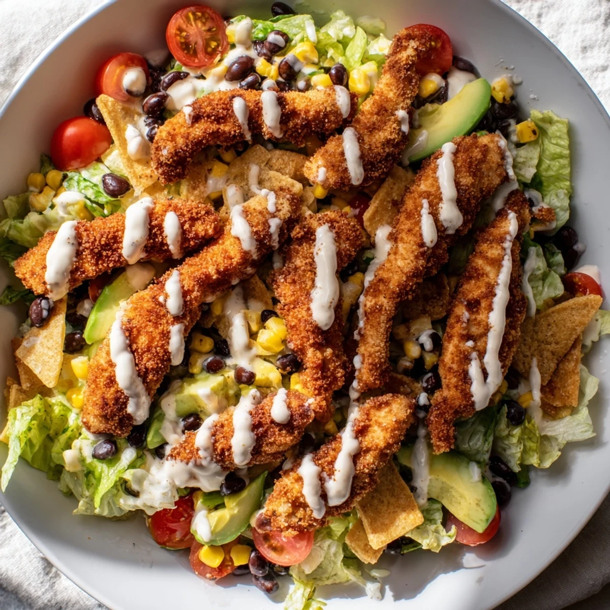 Crispy Chicken Taco Salad with golden breaded chicken strips, fresh romaine, and creamy salsa ranch drizzle.