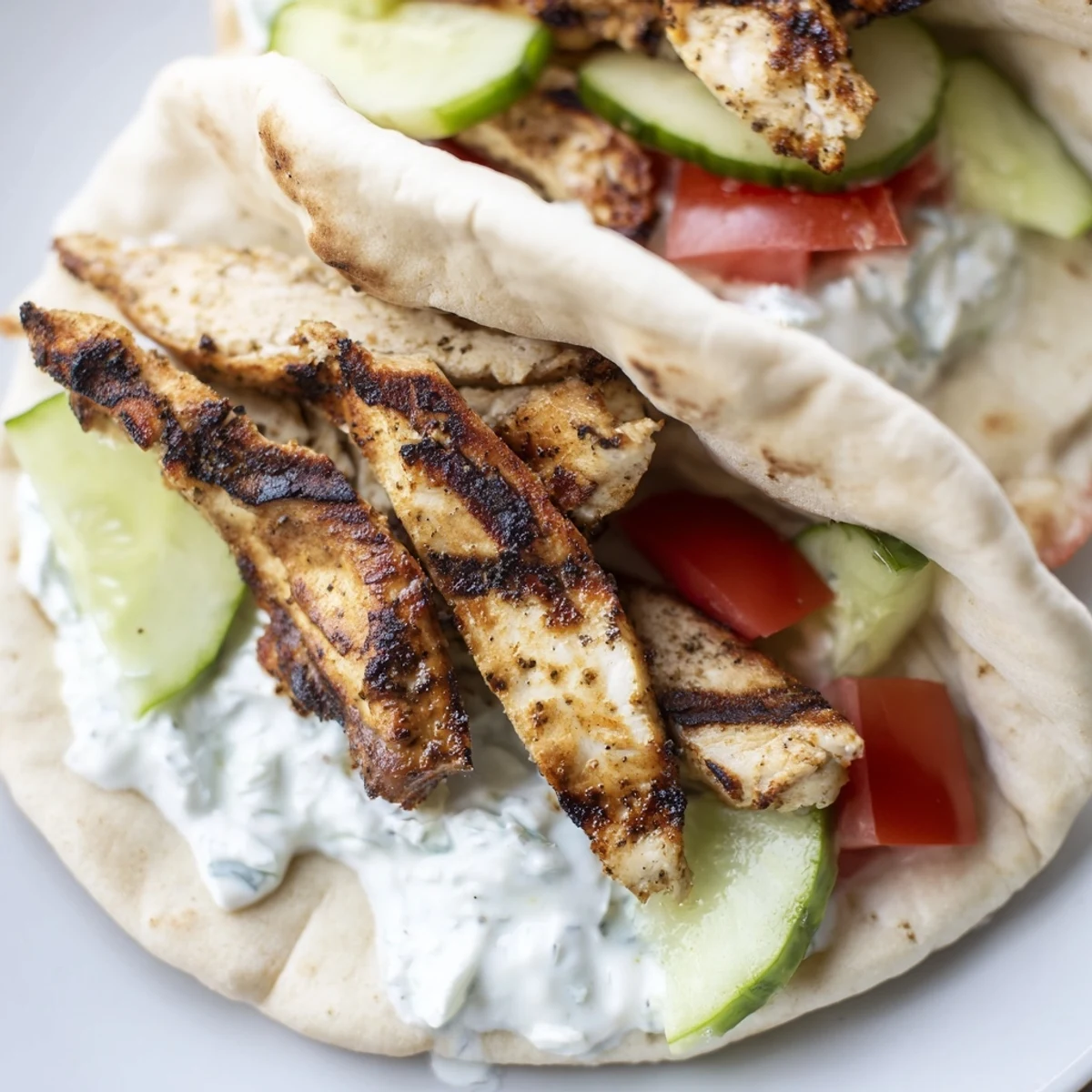 Grilled Greek Chicken Wrap with creamy tzatziki, crisp cucumber, and juicy tomato on a soft pita.