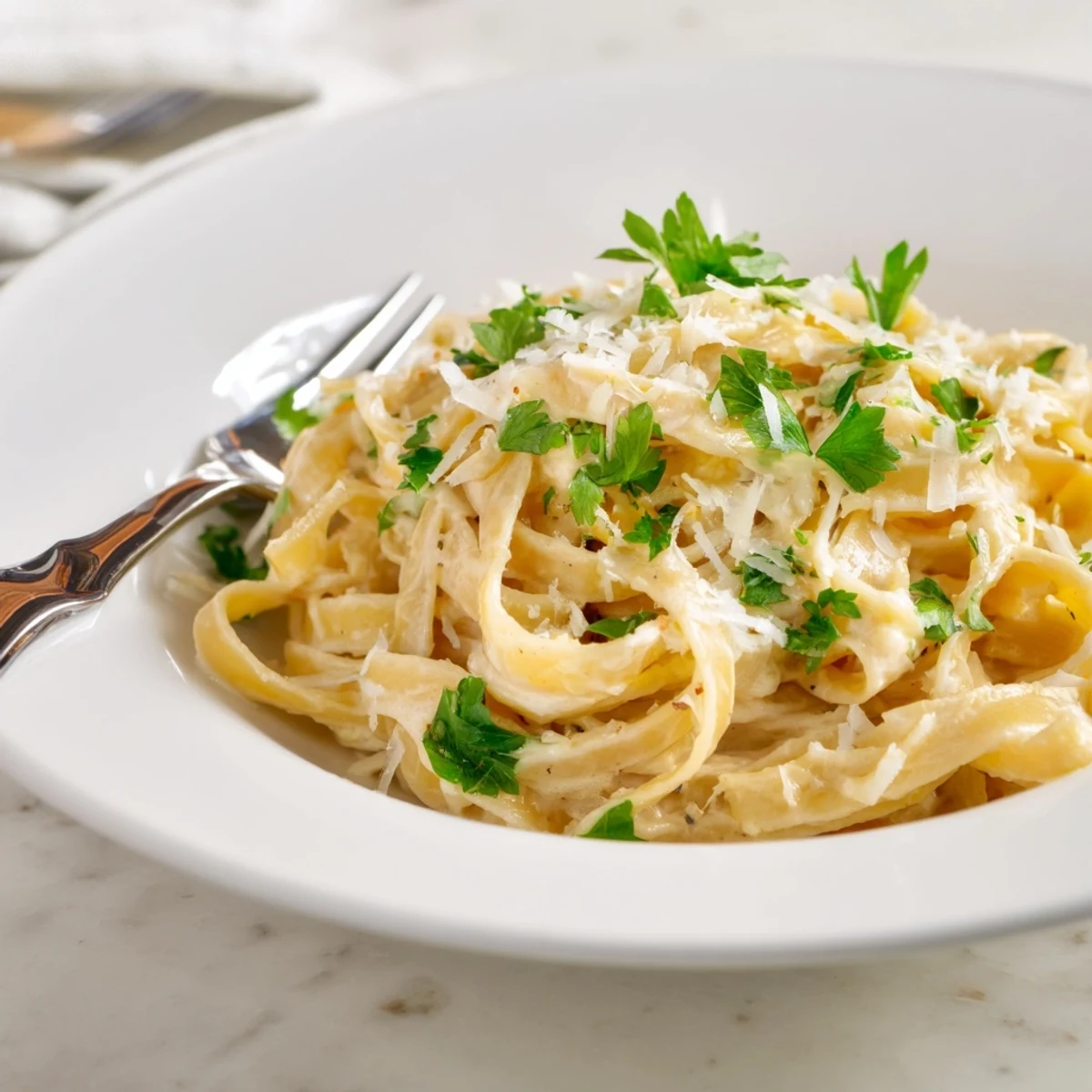 Golden roasted garlic cream pasta is twirled on a fork above a creamy, cheesy skillet. 