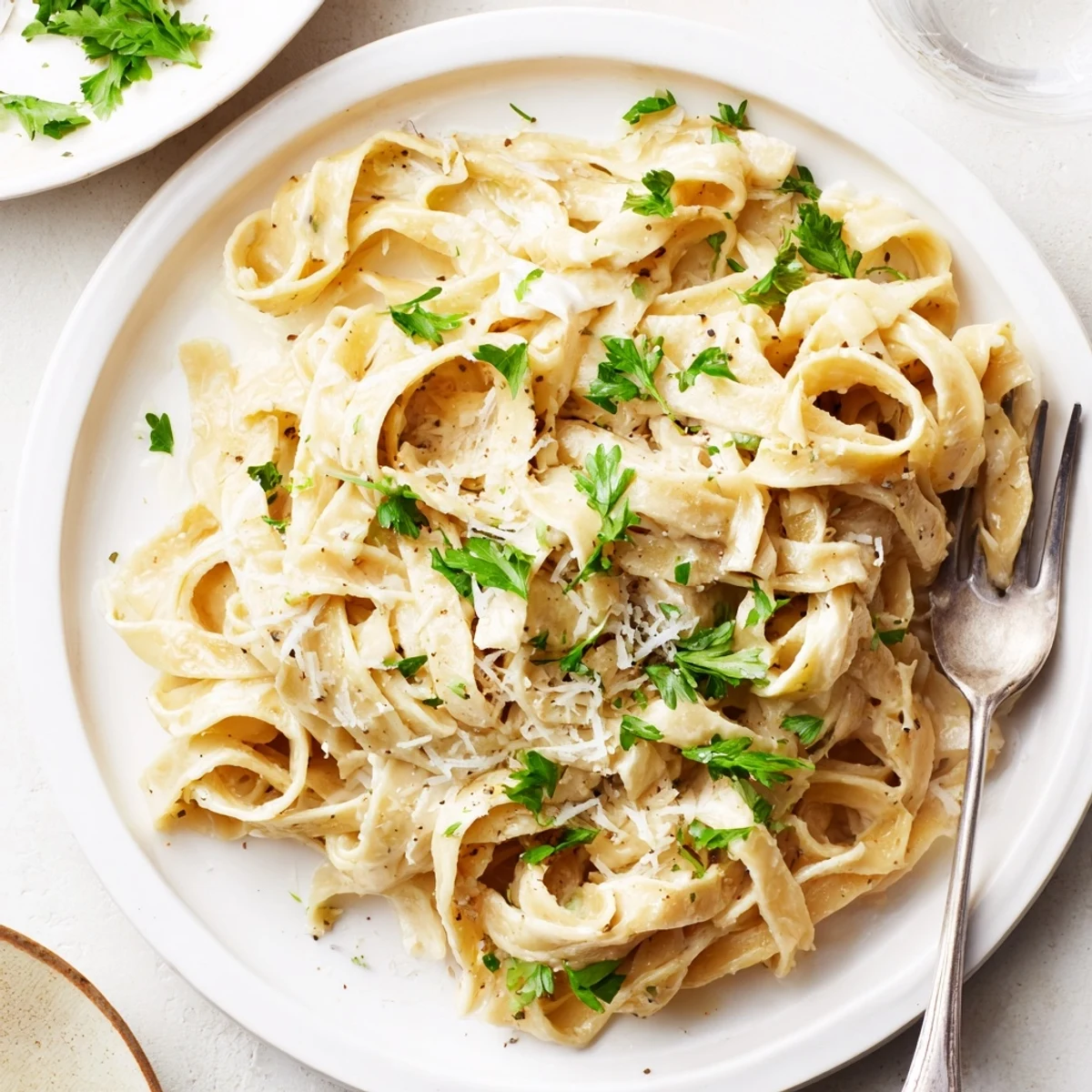 Steaming roasted garlic cream pasta in a white bowl, garnished with extra Parmesan and parsley.