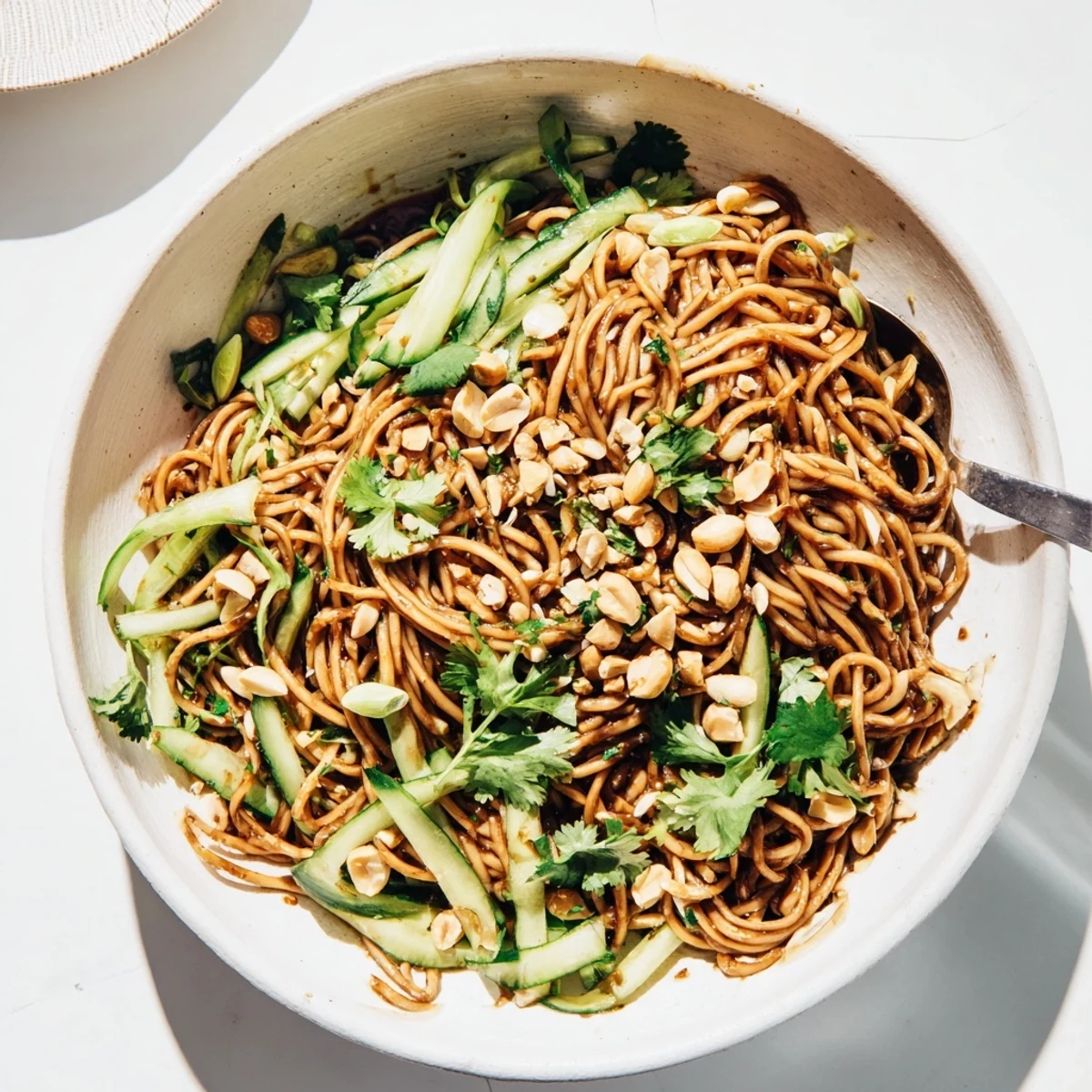 Chilled wheat noodles tossed in a spicy sesame-soy dressing, topped with julienned cucumber and fresh cilantro.  