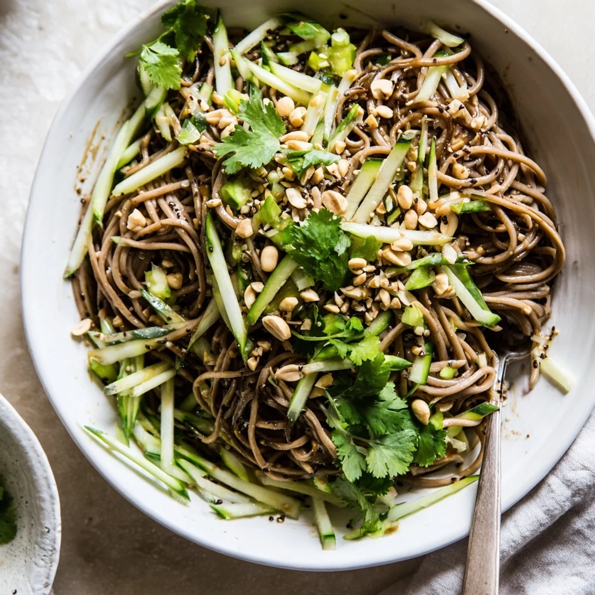 A vibrant Spicy Sesame Noodle Salad garnished with toasted sesame seeds and crunchy peanuts for a satisfying lunch.  