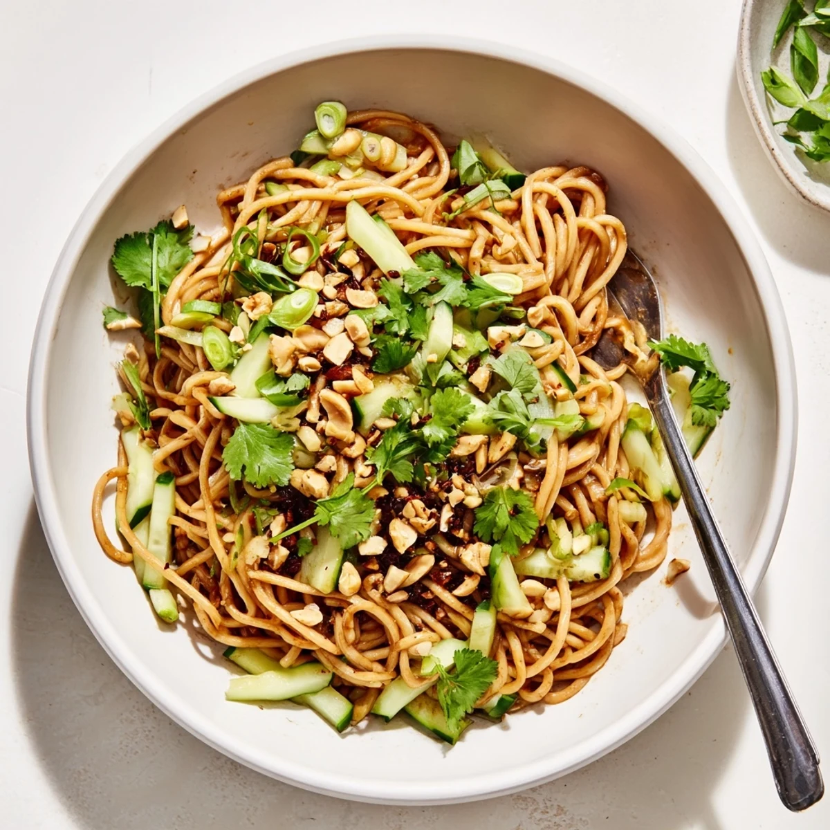 Tossed noodles with spring onions and chili oil, served on a plate for an easy vegetarian Asian-inspired dinner.