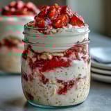 Layered strawberry cheesecake overnight oats featuring creamy Greek yogurt, juicy berries, and a rich cheesecake filling, all chilled and ready to enjoy.