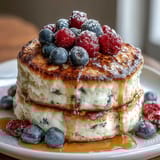 Fluffy cottage cheese and berry protein pancakes topped with fresh blueberries and raspberries.  