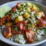 Spiced chicken and pineapple salsa served over creamy coconut rice in vibrant taco bowls with lime wedges.  