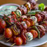 Picnic-Ready Italian Sub Skewers with Homemade Aioli served on a rustic platter with creamy dipping sauce.