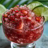 Icy strawberry daiquiri slushies with bright lime flavor, perfect for cooling off on a hot summer day.  