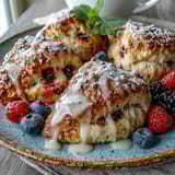 Buttery scones bursting with juicy strawberries and topped with zesty lemon glaze, served with a side of mixed fresh berries.