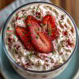 Strawberry Lemonade Overnight Oats with Zest and Poppy Seeds in a glass jar, topped with fresh strawberries and lemon zest.