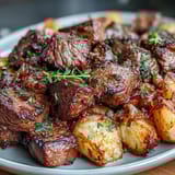 Garlic Butter Steak Bites and Potatoes sizzling in a skillet with golden potatoes and fresh herbs for a hearty main dish.