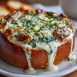 Creamy spinach artichoke dip baked inside a crusty sourdough bread bowl for a festive St. Patrick's Day appetizer.  