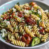 Vibrant pasta salad tossed in homemade lemon vinaigrette, featuring juicy cherry tomatoes and crunchy cucumber slices.  