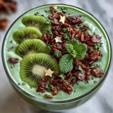 A vibrant green smoothie bowl with fresh spinach and avocado, topped with kiwi slices and granola for a festive St. Patrick's Day breakfast.
