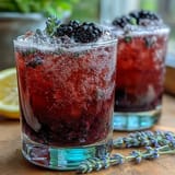 Sparkling blackberry lavender lemonade fizz served with bubbly club soda, garnished with juicy blackberries and lemon wheels for a floral twist.  