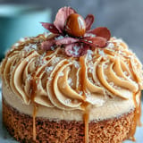 Earthy butterscotch layer cake decorated with natural hues, floral buttercream, and gold leaf accents.