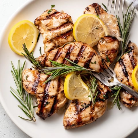 Grilled Lemon Rosemary Chicken recipe: golden brown, smoky goodness with bright citrus aroma.