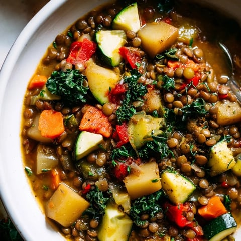A steaming bowl of hearty lentil and vegetable stew garnished with fresh herbs.  