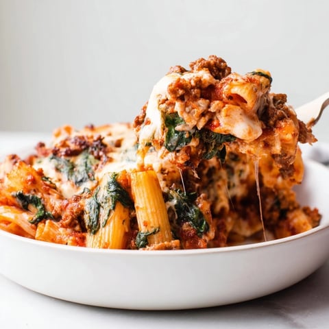Baked Ziti with Spinach and Sausage, topped with gooey melted cheese and herbs.