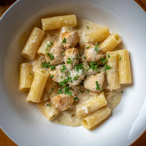 A creamy bowl of Creamy Garlic Parmesan Chicken Rigatoni, a comforting Italian dinner.