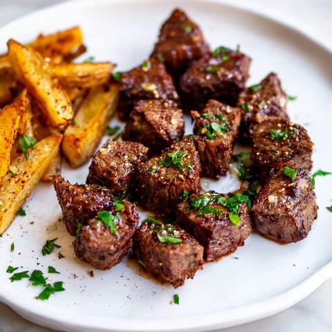 Golden Blackened Cajun Steak Bites with Fries, sizzling in a cast-iron skillet, a flavorful feast.