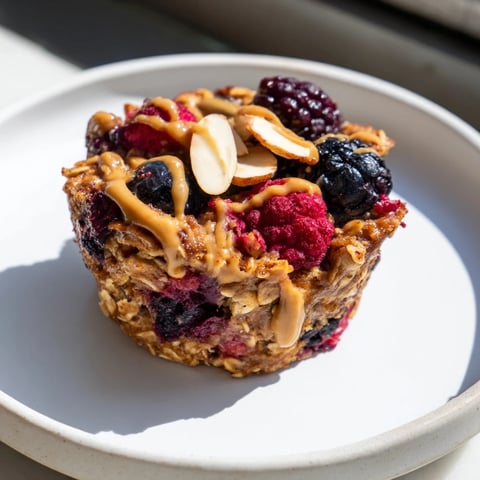 Golden-brown baked oatmeal cups with winter berries are ready to enjoy for breakfast, smelling delicious.