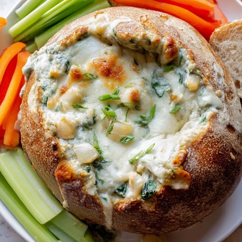 Warm, bubbly Best-Ever Spinach Dip in a crusty bread bowl, ready for dipping and sharing.