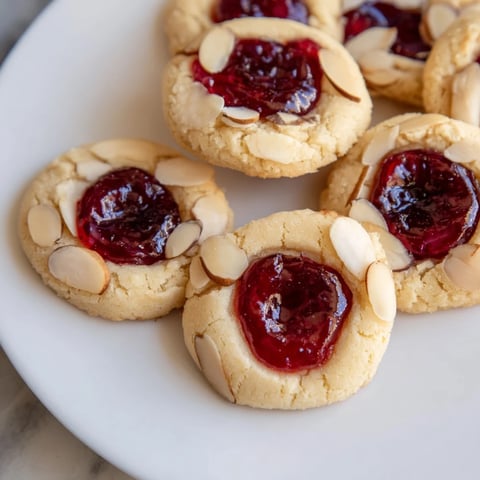 Warm, golden-baked Cherry Almond Thumbprint Cookies, showcasing a jam-filled center and almond garnish.