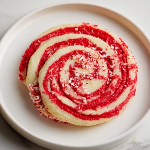 Swirled Candy Cane Pinwheel Cookies, showing vibrant red and white layers, ready to enjoy with a warm drink.