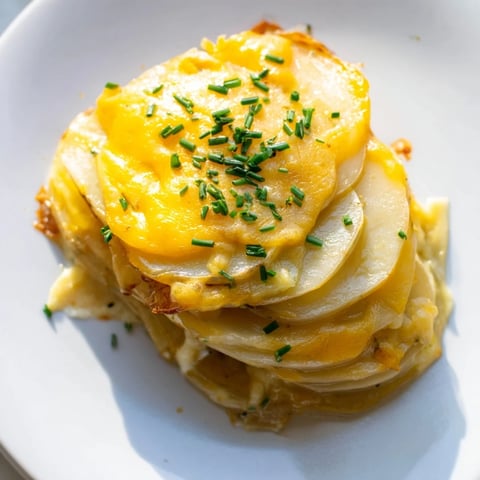 Golden, bubbly serving of Cheesy Scalloped Potatoes with melted cheese, a classic Southern side dish.