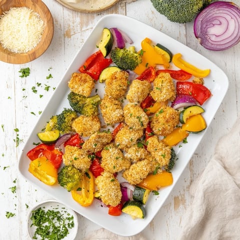 Garlic Parmesan Chicken Bites sheet pan dinner with roasted vegetables, a colorful and savory meal.